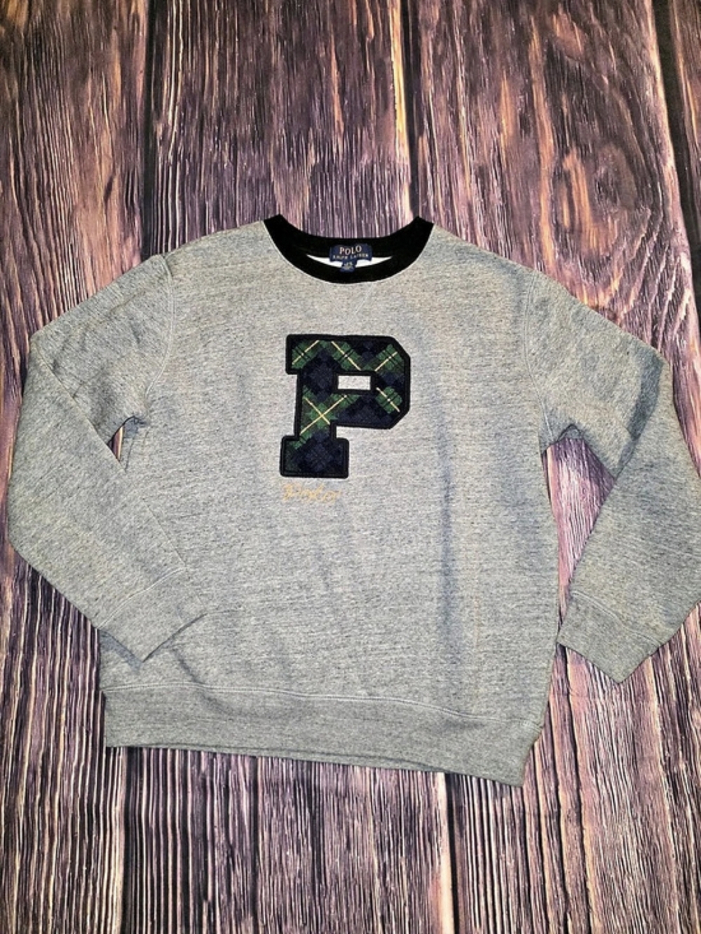 Polo Ralph Lauren Plaid P-Patch Fleece Sweatshirt Gray & Green Large